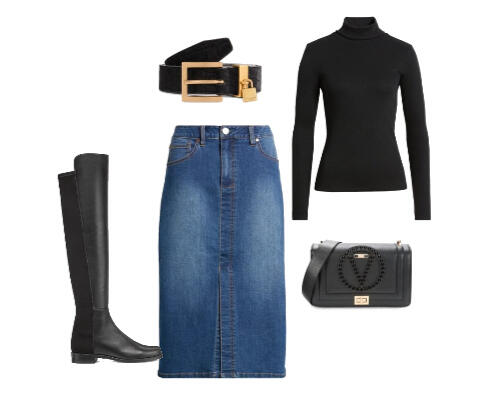 outfit idea, black turtleneck, black Valentino bag, black Kurt Geiger London belt with a locket, black flat knee high boots and midi denim skirt